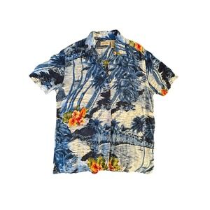 Vintage Authentic St. John's Bay Hawaiian Floral Blue Button Up Shirt Large Mens